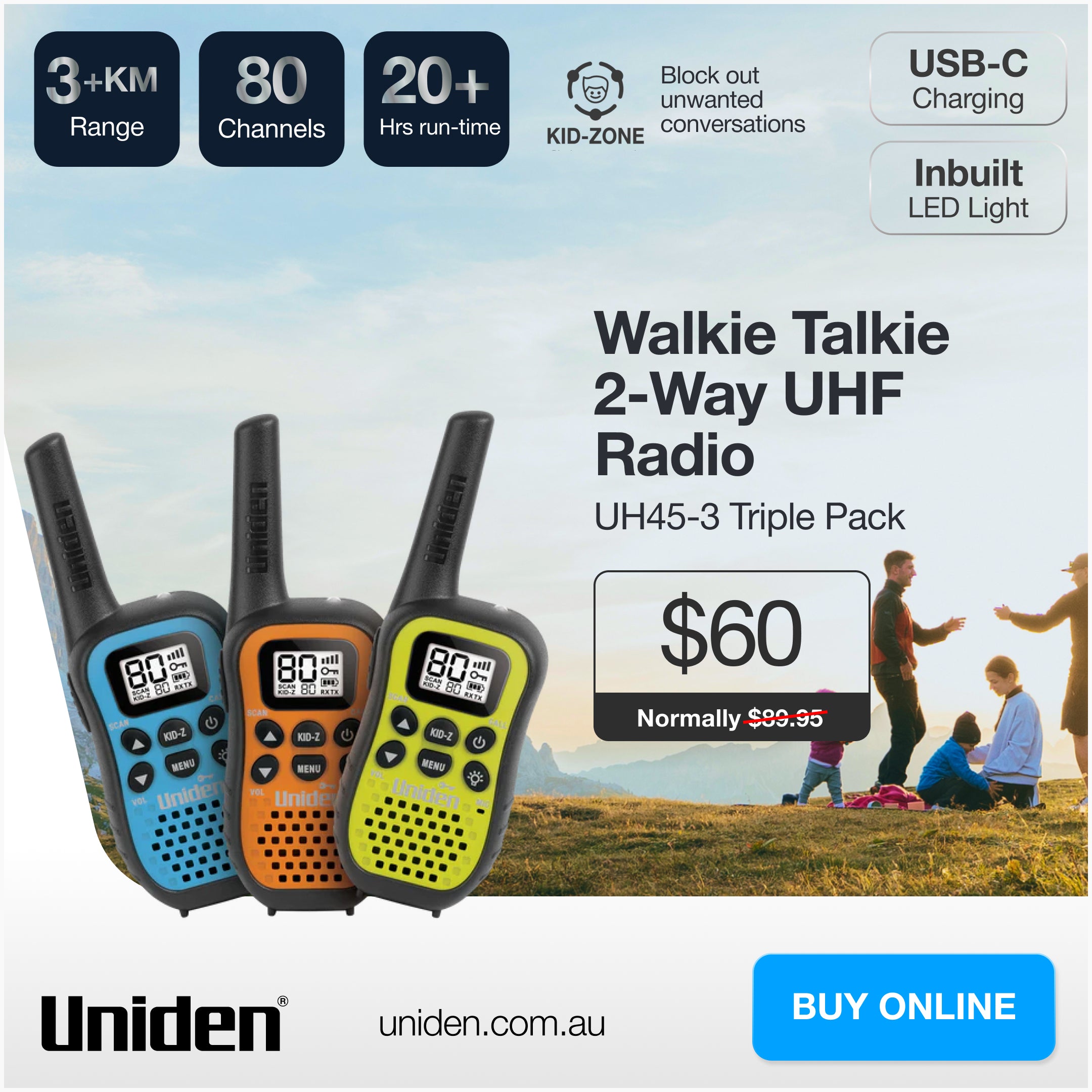 UH45-3 β Triple Pack 80 Channel UHF CB Handheld Radios