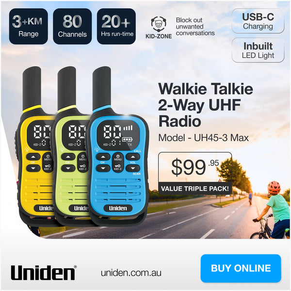 Uniden UH45-3 Max 80-channel UHF CB walkie talkie value triple pack Australia