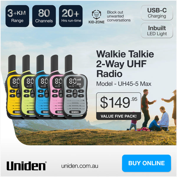 Uniden UH45-5 Max 80-channel UHF CB walkie talkie value 5 pack Australia