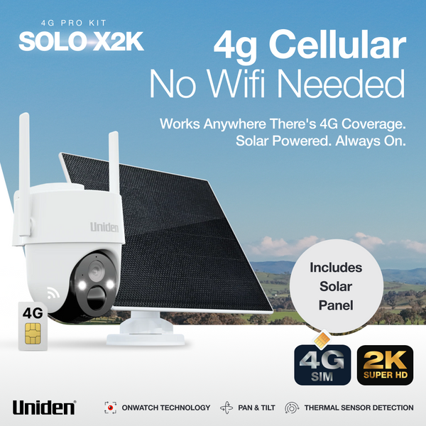 Uniden App Cam SOLO X2K 4G cellular outdoor pan tilt security camera with solar panel Australia