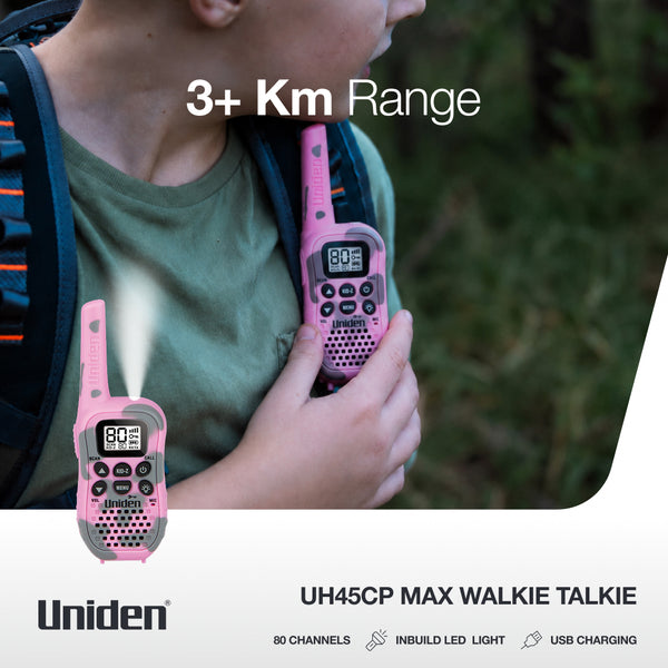 Uniden UH45CP pink 80-channel UHF CB handheld radios with 3km range Australia