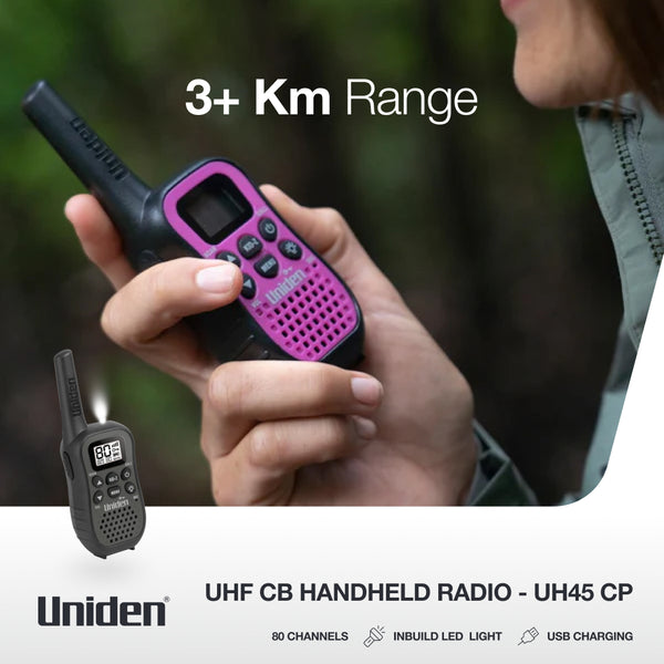 Uniden UH45 80-channel UHF CB handheld radios with 3km range in black and pink Australia