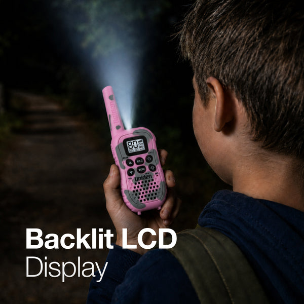 Uniden UH45CP pink UHF CB handheld radio with backlit LCD and LED torch at night Australia