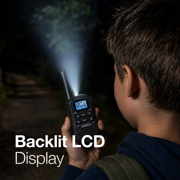 Uniden UH45 UHF CB handheld radio with backlit LCD and LED torch at night Australia