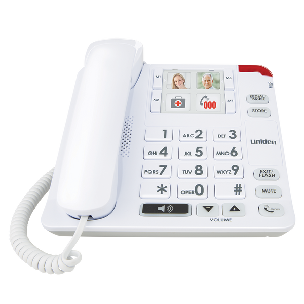 Uniden SS E34 white big button corded desk phone angled view Australia