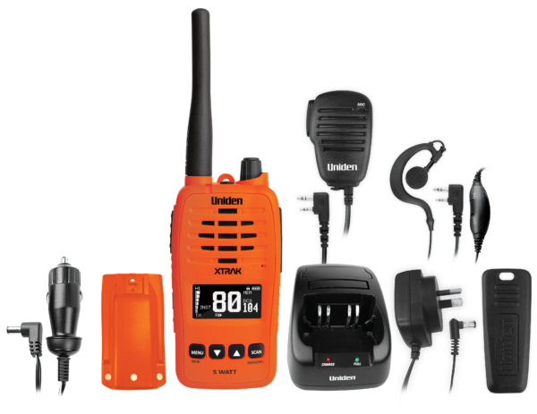 Uniden XTRAK 50-O orange handheld UHF radio kit with charger, battery, speaker mic and earpiece Australia