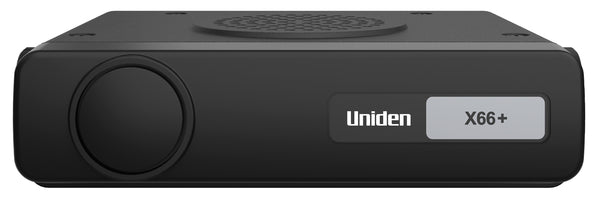 Uniden X66+ compact radio base measuring 24 by 100 by 95mm