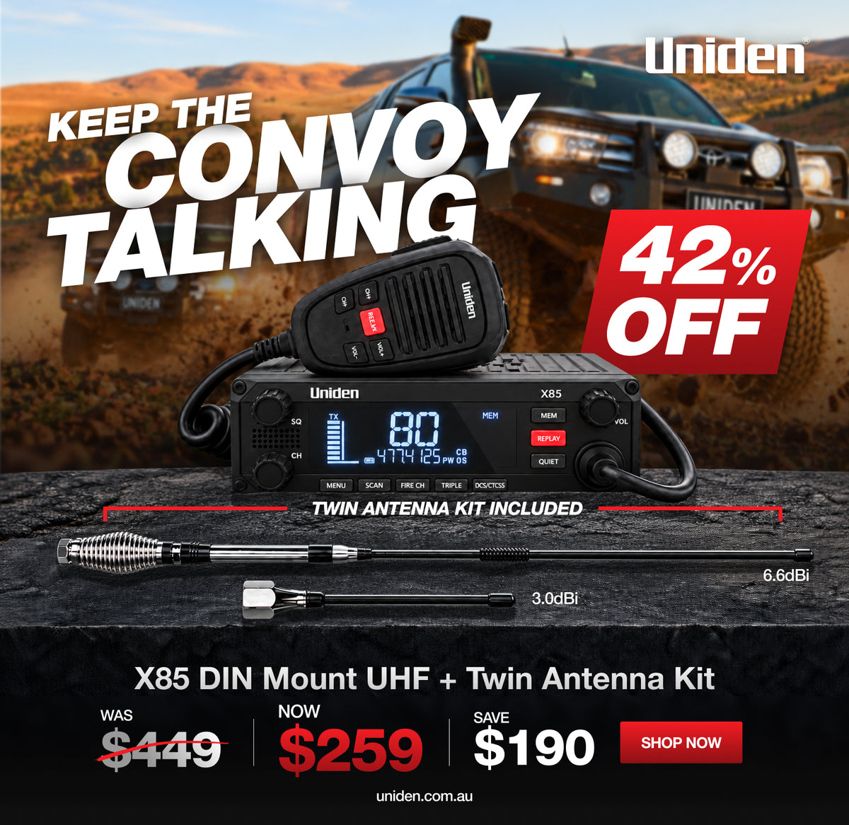 Uniden X85 DIN mount UHF CB radio with twin antenna kit