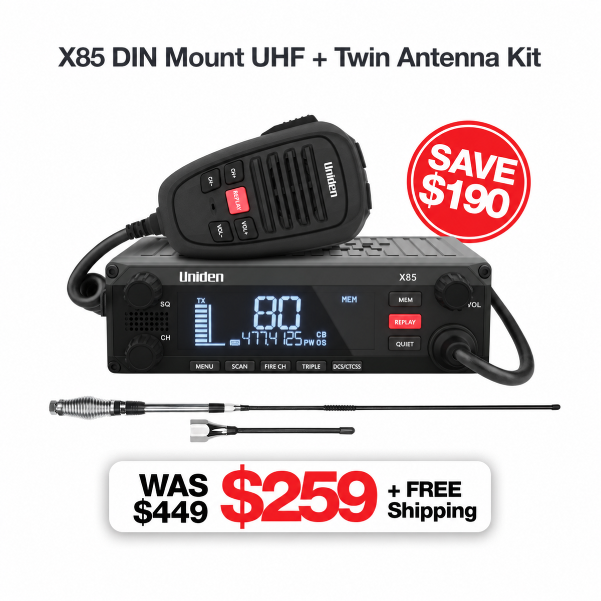 Uniden X85 UHF CB radio installed in a vehicle dashboard