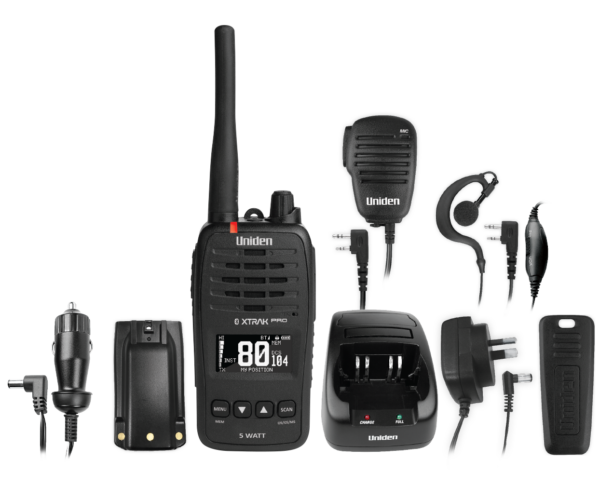 Uniden XTRAK 50 Pro handheld UHF radio kit contents with charger and earpiece Australia