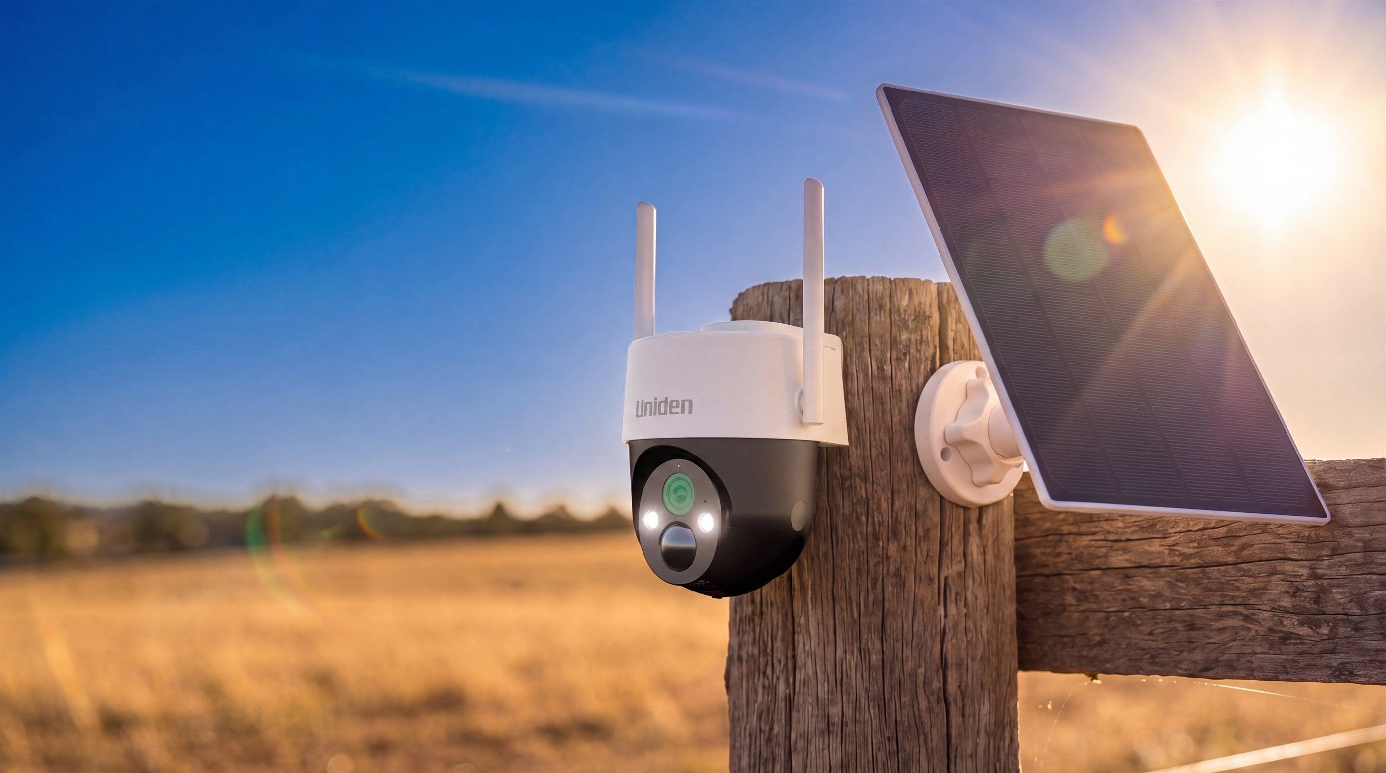 A SOLO X2K PT PRO camera and its solar panel on a weathered fence post in bright Australian sun