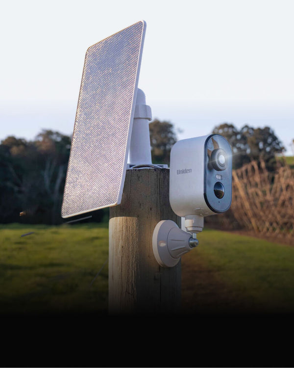 Uniden App Cam SOLO X2K 4G Plus solar camera mounted on a rural post Australia