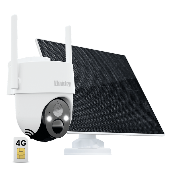 Uniden App Cam SOLO X2K 4G white outdoor pan tilt camera with solar panel and SIM Australia