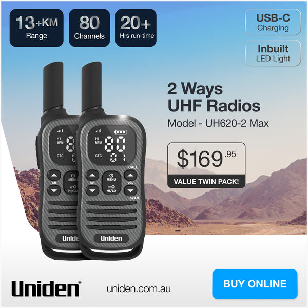 Uniden UH620-2 Max 80-channel UHF CB walkie talkie value twin pack Australia