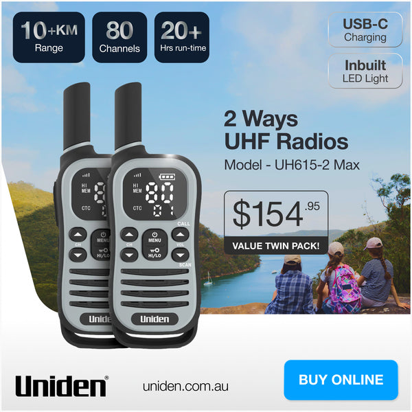 Uniden UH615-2 Max 80-channel UHF CB walkie talkie value twin pack Australia