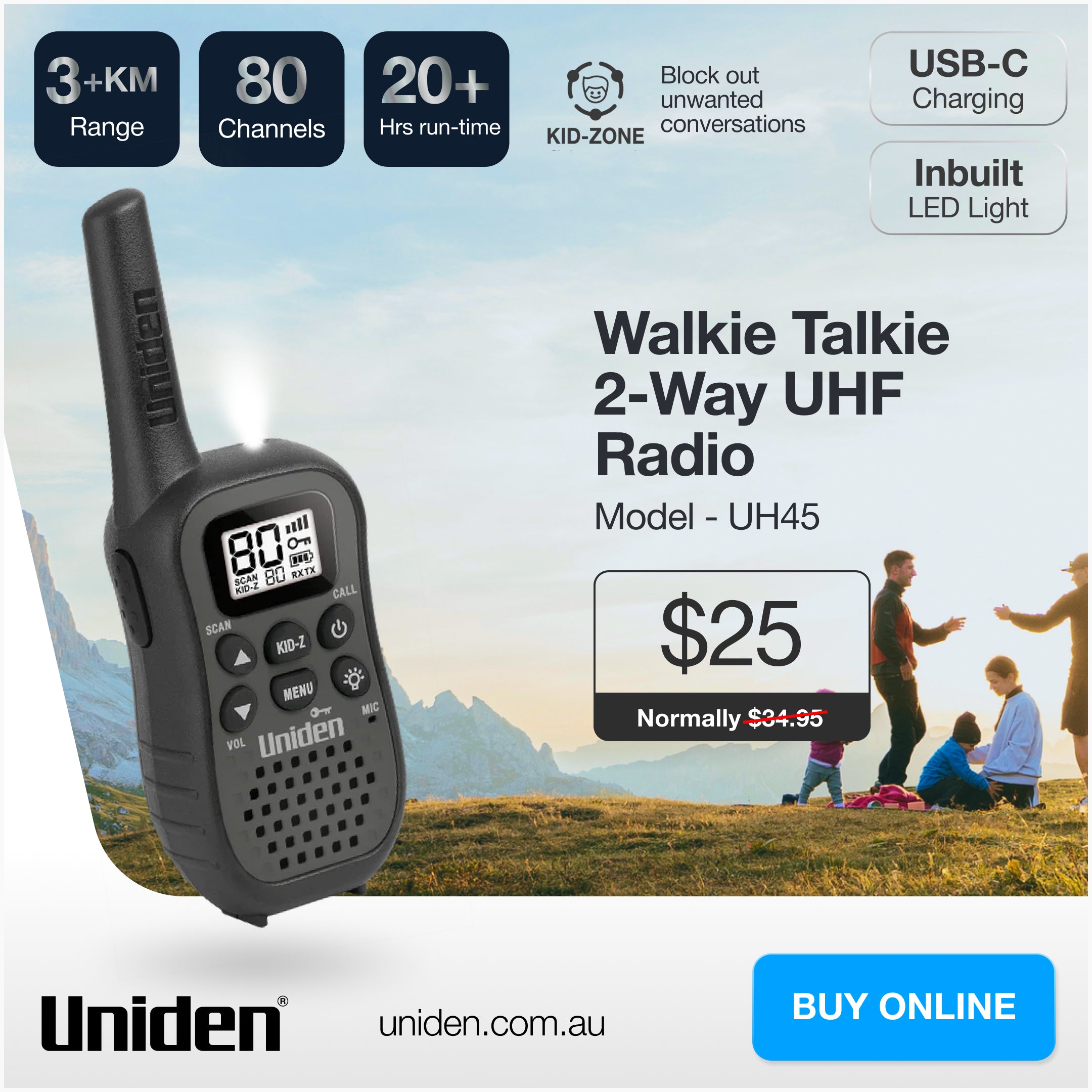 UH45 – 80 Channel UHF CB Handheld Radio Portable Walkie Talkie