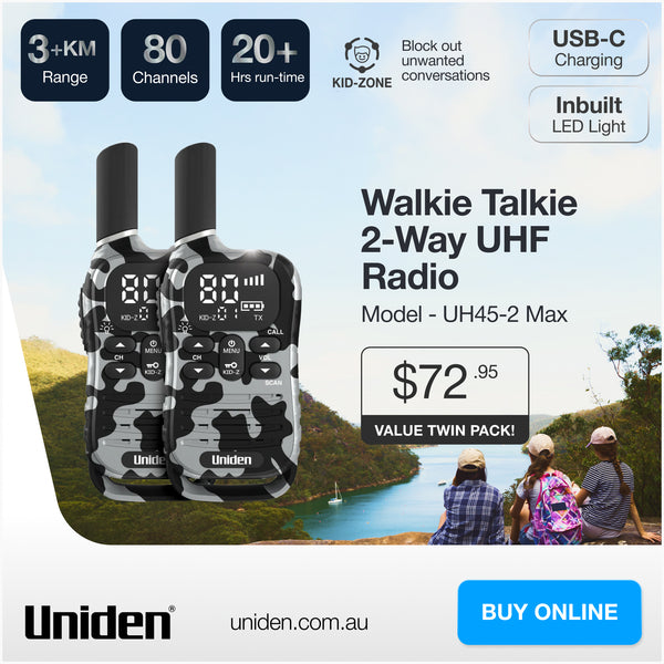 Uniden UH45-2 Max 80-channel UHF CB walkie talkie value twin pack Australia