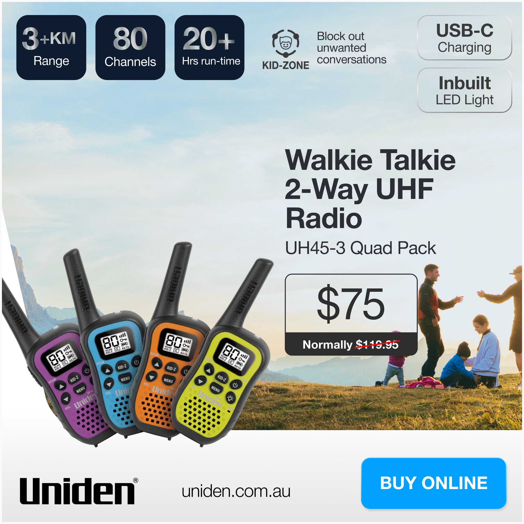 UH45-4 – Quad Pack 80 Channel UHF CB Portable Handheld Radios
