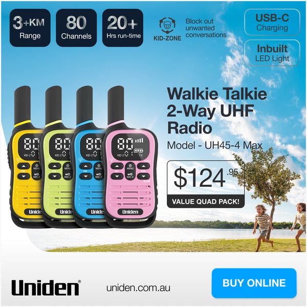 Uniden UH45-4 Max 80-channel UHF CB walkie talkie value quad pack Australia