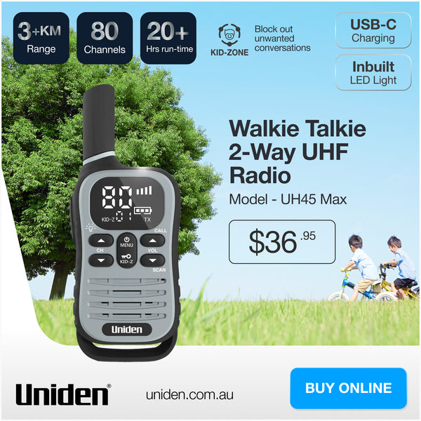 Uniden UH45 Max 80-channel UHF CB walkie talkie with USB-C charging Australia