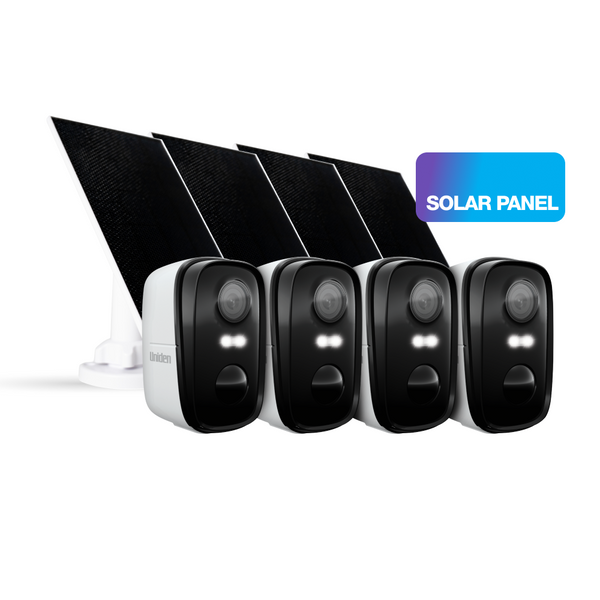 Uniden App Cam SOLO X2K quad pack wire-free security cameras with solar panels Australia