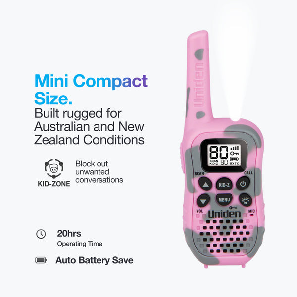 Uniden UH45CP mini compact pink 80-channel UHF CB handheld radio with Kid-Zone Australia