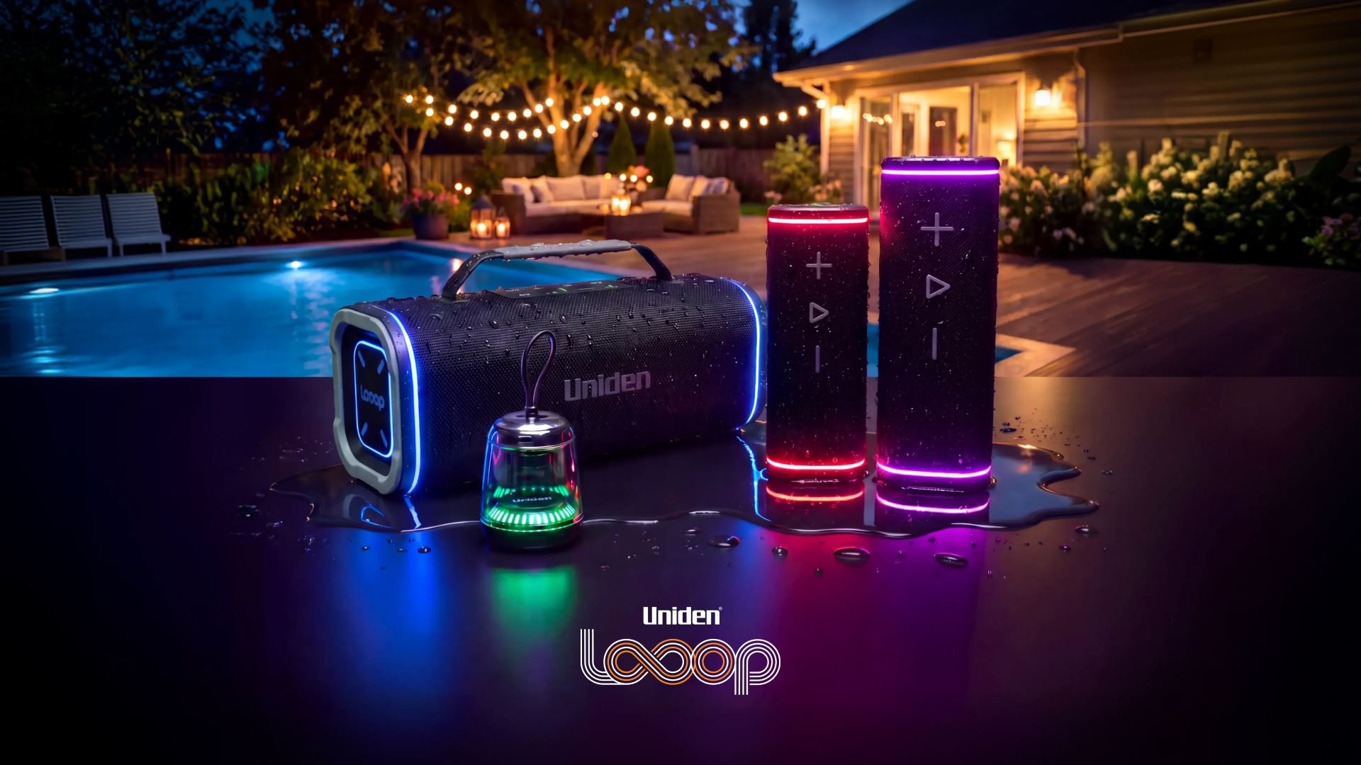 A Looop speaker outdoors near water