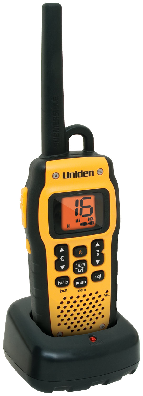 Uniden MHS050 submersible floating handheld VHF marine radio in charging cradle Australia