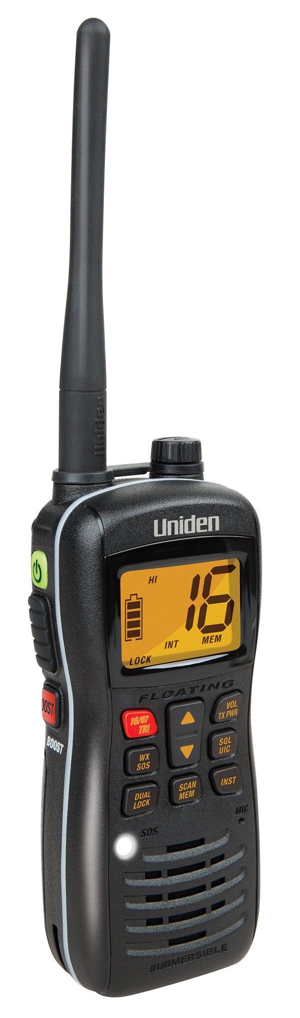 Uniden MHS127 black handheld VHF marine radio with channel 16 display Australia
