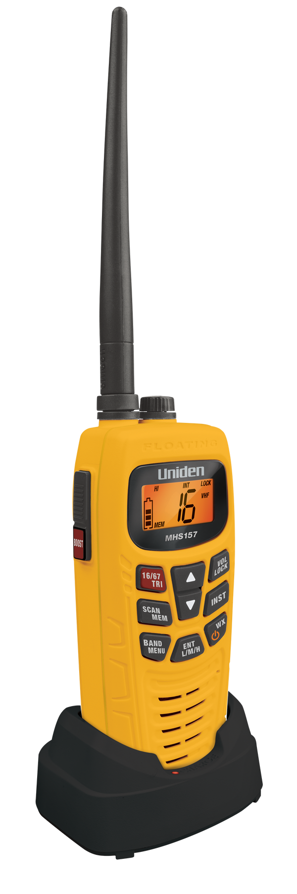 Uniden MHS157UV yellow submersible handheld VHF marine radio in cradle Australia