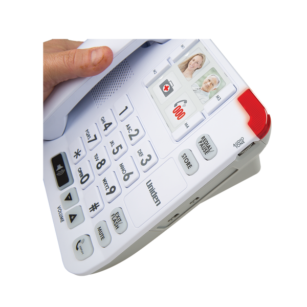 Uniden SS E34 white big button corded phone with photo memory keys in use Australia
