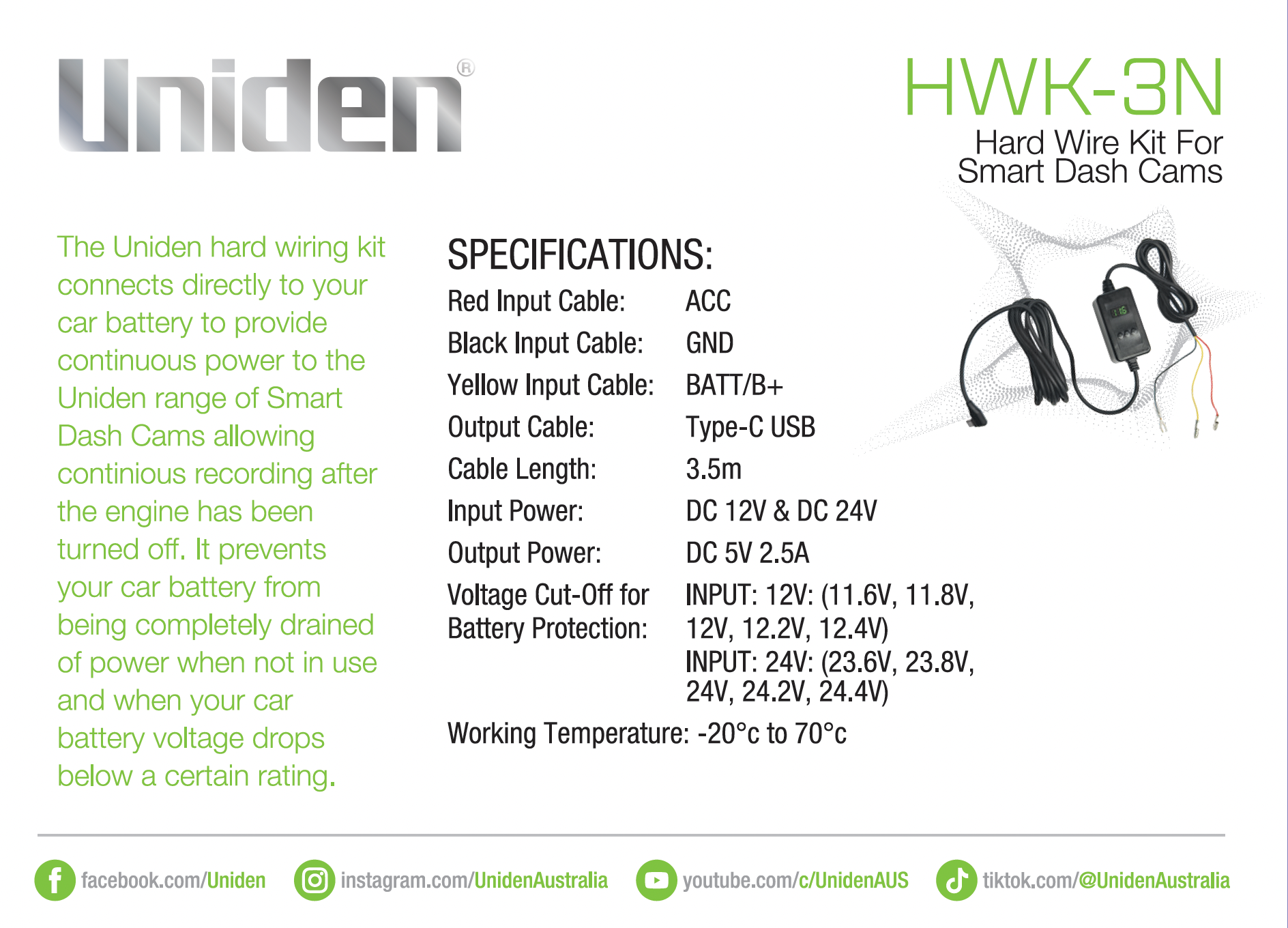 HWK-3N - Hardwire Kit for Uniden Dash Cam