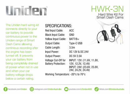 HWK-3N - Hardwire Kit for Uniden Dash Cam