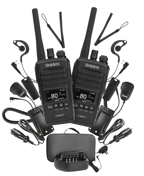 Uniden UH755-2 splashproof handheld UHF CB radio twin pack kit with case Australia