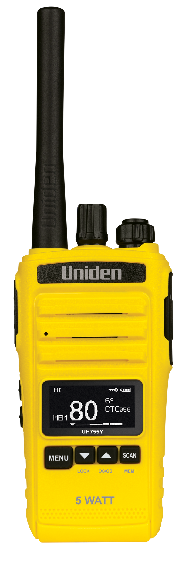 Uniden UH755-Y yellow handheld UHF CB radio angled view Australia