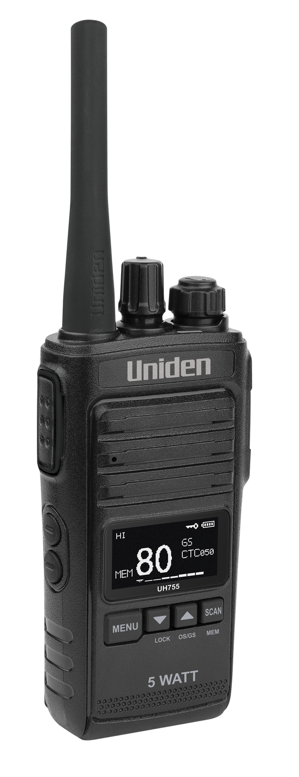 Uniden UH755 5 watt handheld UHF CB radio angled view Australia