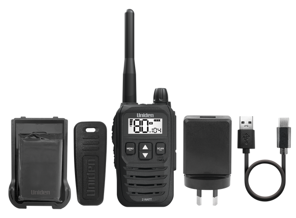 Uniden UH825 handheld UHF CB radio kit with battery, charger and cable Australia