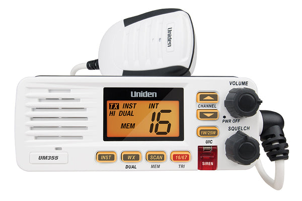 Uniden UM355VHF white marine VHF radio with handheld microphone angled view Australia