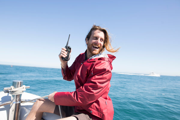 Uniden MHS127 handheld marine VHF radio used on a boat Australia
