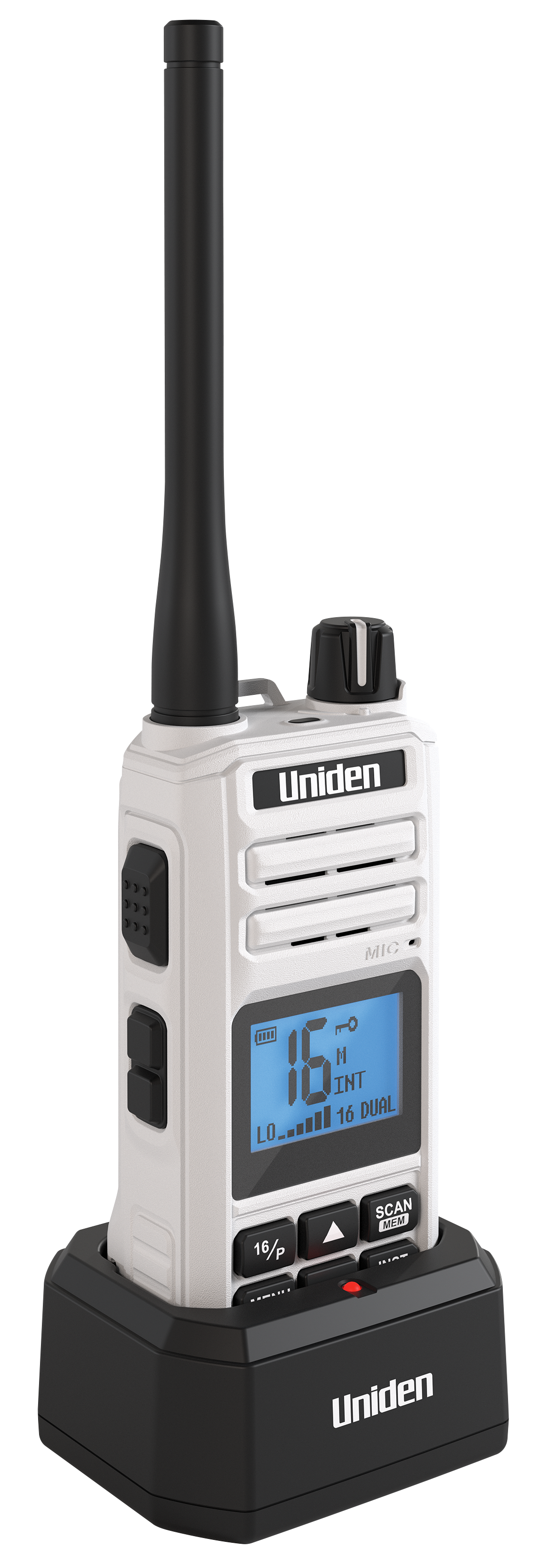 Uniden MHS129 marine radio in three-quarter view
