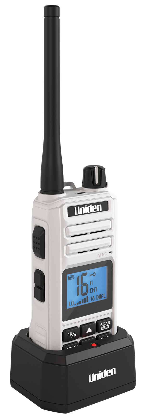 Uniden MHS129 marine radio in three-quarter view