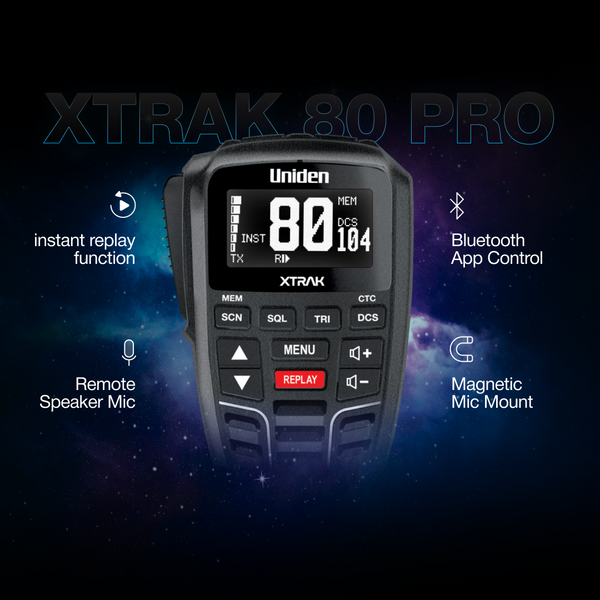 Uniden XTRAK 80 Pro with instant replay, remote speaker mic, Bluetooth app and magnetic mount Australia