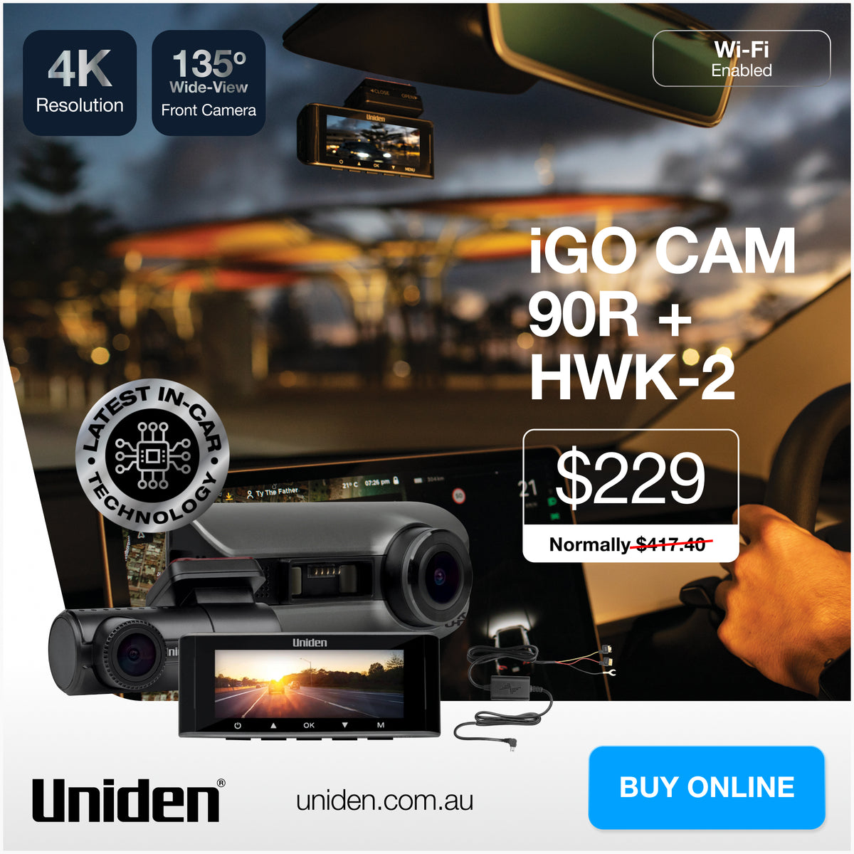 Uniden iGO CAM 90R 4K Dash Cam with Rear Camera & Hardwire Kit