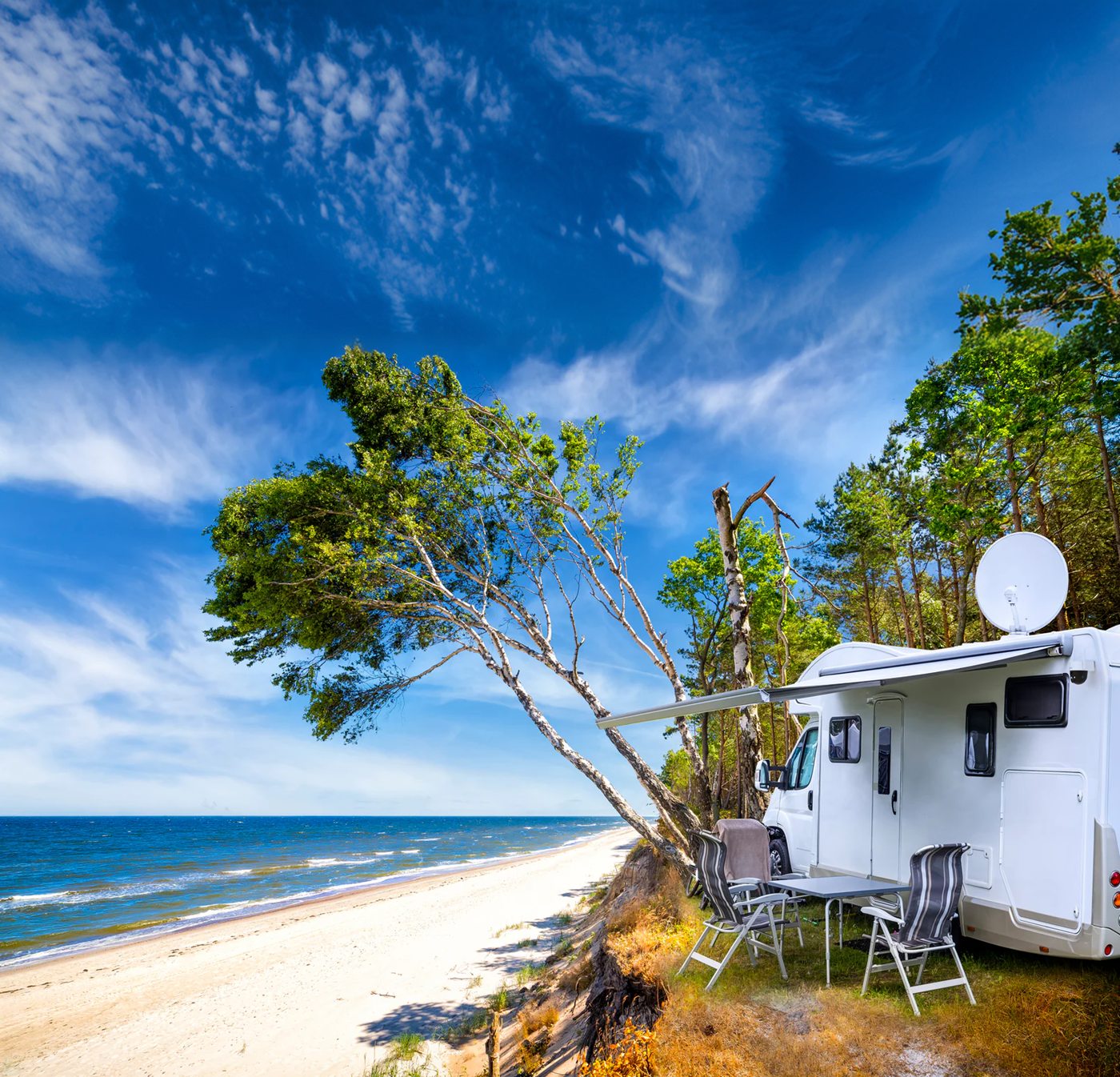 A motorhome parked on a headland above a beach
