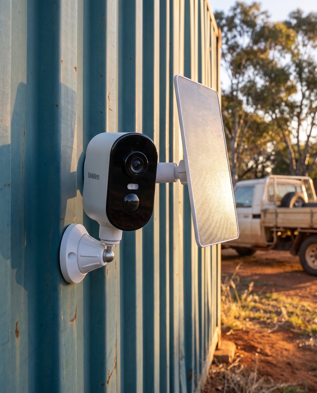 A SOLO X2K 4G Plus held by its magnetic base on the steel wall of a farm shipping container, with its solar panel beside it